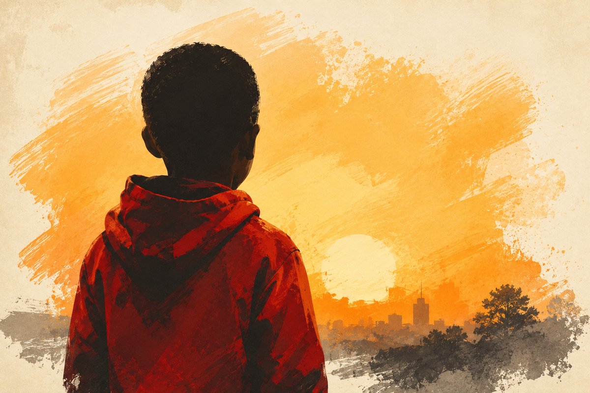 Stylized illustration of a young student looking toward the sunrise