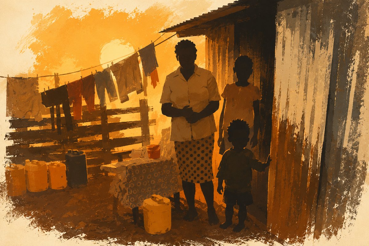 Stylized illustration of a family in front of their home at sunset